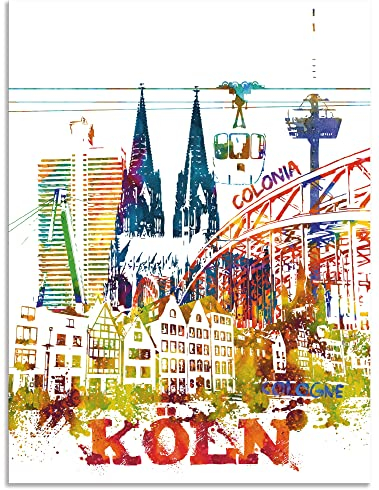 ARTland Wanddeko Wandbild Alu Verbundplatte für Innen & Outdoor Bild 60x80 cm Pop Art Köln Stadt Kölner Dom Bunt U2ZU