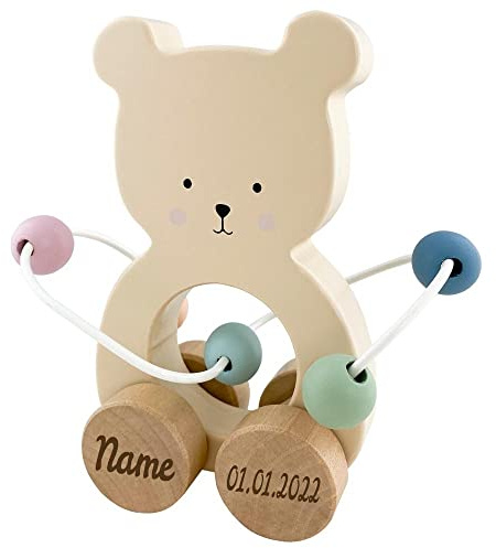 Elefantasie Spielzeug Teddy mit Abakus aus Holz personalisierbar mit Name und Datum Baby Geschenk mit Gravur
