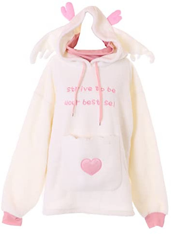 Kawaii-Story TS-358 Weiß Herz Tasche Kapuze Ohren Lammfell Optik Fleece Pullover Pastel Goth