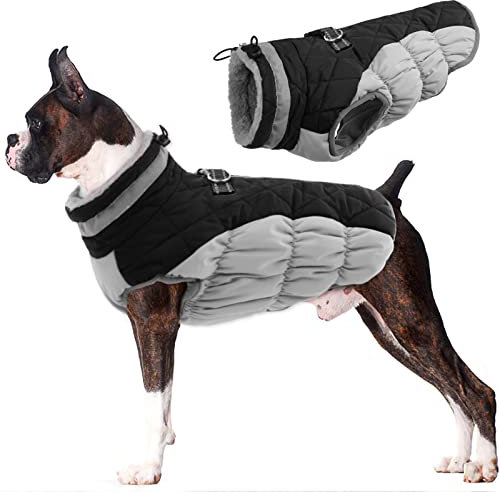 Lelepet Wasserdicht Hundemantel, Winter Winddicht Hundejacke mit Geschirr, Warme Reflektierend Schneeanzug Winterweste, Kaltes Wetter Hundepullover für Kleine Mittlere Große Hunde (Schwarz, M)