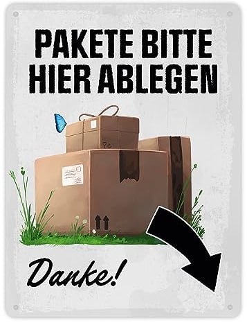 Pakete bitte hier ablegen, Danke! Metallschild XL in 21x28 cm - Pfeil rechts Blechschild zeigt dem Paketboten wo das Paket abgestellt werden soll