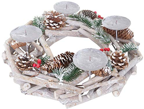 Adventskranz rund-AM, Weihnachtsdeko Tischkranz, Holz Ø 35cm weiß-grau - ohne Kerzen