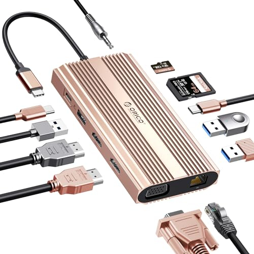Docking Station, Adattatore USB C ORICO 12 in 1, doppia HDMI 4K, PD 100 W, 1 Gbps Ethernet, 3 USB 3.0, SD/TF, Audio 1080p, audio da 3,5 mm, USB 3.0 Hub compatibile per Windows/Mac, Rose Gold