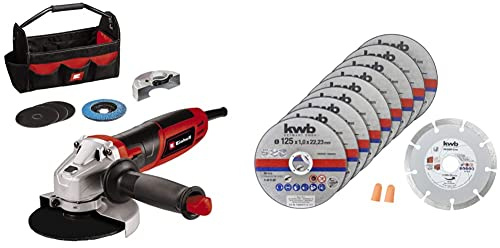 Einhell Winkelschleifer TC-AG 125/850 Kit (850 W, 12000 min-1, max. Schnitttiefe 28 mm, Scheibendurchmesser 125 mm, inkl. 3x Trennscheibe, 1x Lamellenschleifteller, 1x Einhell Bag, Trennscheibenset)