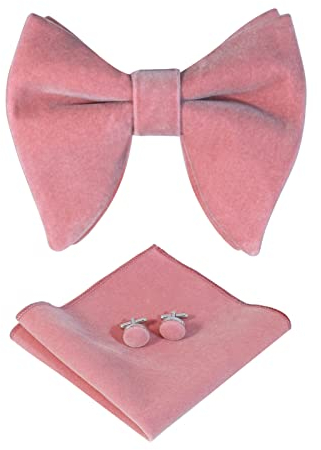 HOULIFE Fliege Herren Set - Verstellbare Fliege aus Samt Vorgebunden Fliege, einfarbige Einstecktuch, Manschettenknöpfe Set für Bräutigam Hochzeit formal mit Geschenkbox (Rauchrosa)