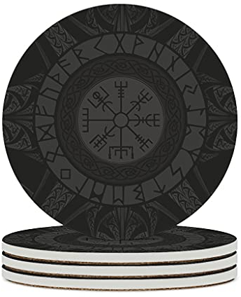 EHJOS Wikinger Runen Untersetzer Rund Keramik Getränkuntersetzer mit Korkboden 4er Set Dekorative Untersetzer für Getränke Tassen Bar Glas 10cm White 4PCS