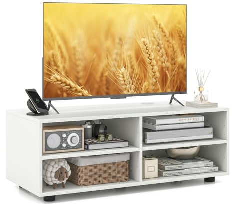 COSTWAY TV Stand Cabinet for TVs up to 40/55, Wooden Media Entertainment Center with Storage Cubes and Adjustable Shelves, TV Unit Console Table for Living Room Bedroom (White, 4 Cubes)