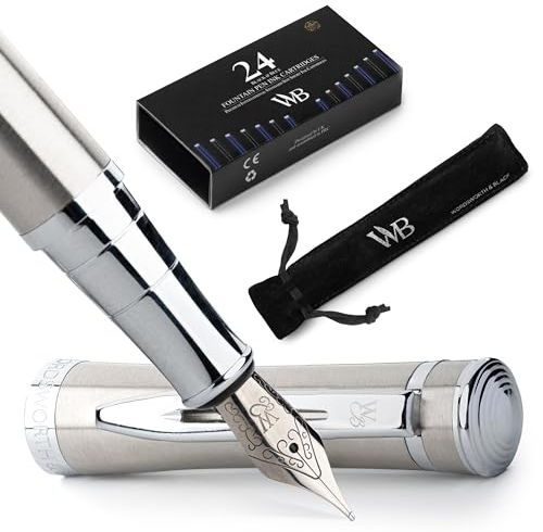 Wordsworth & Black Fountain Pen Set, Medium Nib, Includes 24 Pack Ink Cartridges, Ink Refill Converter & Gift Pouch, Chrome Finish, Calligraphy, [Silver Chrome], Perfect for Men & Women