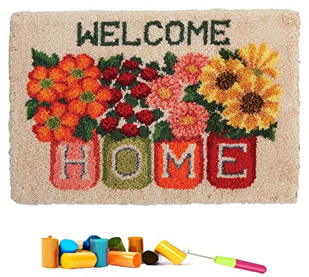 VIONNPPT DUBENS Heimdekoration Knüpfhaken Teppich Tapisserie Set Knüpfteppich Zum Selber,Kreative Handwerk Geschenk Für Erwachsene Kinder,DIY Knüpfen Set mit Vordruck,60x40cm (Welcome Home,60cmx40cm)