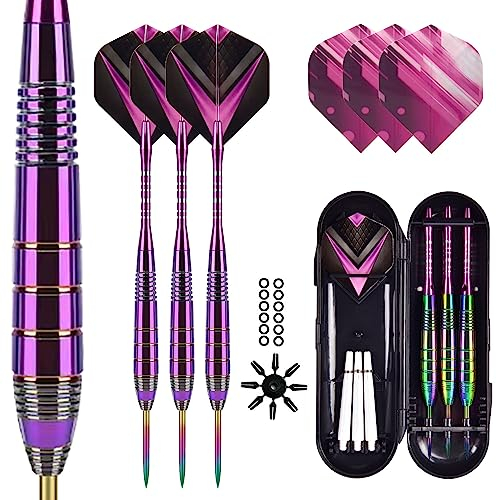 Trecynd Dartpfeile mit Metallspitze 24 Gramm, Profi Steeldarts mit Metallspitze Steeldarts Set Steel Darts Pfeile Set Stahl Spitze Darts Set 3 Aluminium Schaft + Extra 3 Dart-Flüge (Purple)