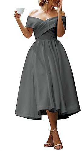 WSEYU Satin Evening Party Gowns with Pockets for Juniors Off Shoulder Lace Up Back Ball Gown Grey UK14