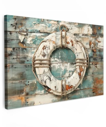 MuchoWow© Leinwand Klein 30x20 cm Mini Deko Schlafzimmer Aesthetic Leinwandbilder Wohnzimmer Gemälde Foto Geschenk Living Room Decoration Maritime - Boje - Rettungsring - Holz - Maritim