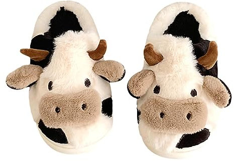Hausschuhe Damen Winter Warme, Lustige Cozy Flaumig Kuh Plüsch Pantoffeln, Rutschfeste Weiche Schuhe Hauspantoffeln Winterpantoffeln für Damen (Weiß)