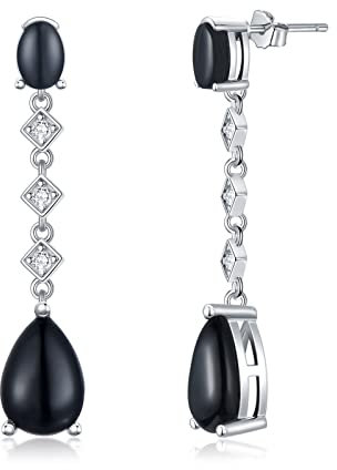 Ohrringe Onyx Schwarz 925 Sterling Silber Träne Dangle Drop Ohrhänger 12mm Stein Achat Ohrringe für Frauen