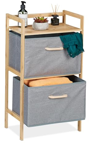 Relaxdays Badregal mit Wäschekörben, 1 offene Ablage & 2 Stoffkörbe, HBT: 76 x 43 x 27 cm, Standregal Bambus, Natur/grau, Pappe