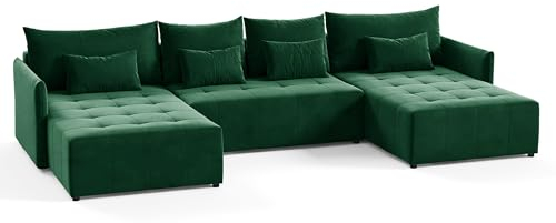 Wohnlandschaft Leno U mit Schlaffunktion - U-Form Couch, Ecksofa mit Bettkasten, Couchgranitur mit Bettfunktion, Schlafsofa, Big Sofa - Velours Stoff (Grün (Kronos 19))