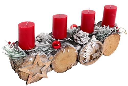 Adventsgesteck HWC-M14 mit Kerzenhalter, Adventskranz Weihnachtsgesteck Holz MVG 12x41x12cm - mit Kerzen