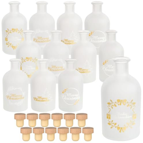 gouveo 12er Set Glasflasche 250 ml Apotheker gefrostet Weihnachten Mix-Set mit Korken (HGK) - Weihnachtsflasche mit 3 Motiven Merry Christmas (AFRF250-3kinds4pcs)