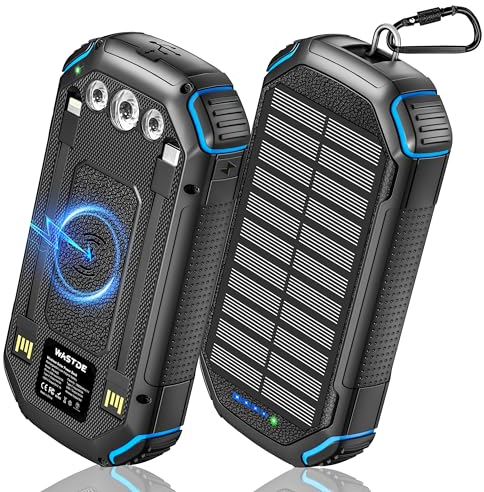 Solar Powerbank Wireless 26800mAh Solar Ladegerät, tragbare USB C Power Bank mit Outdoor Wasserdichtes Solarpanel Eingebaut in 3 Kabel & Camping Lichter für Smartphones, Tablets und mehr