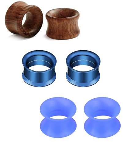 Rajnard Edelstahl Silikon Holz Tunnel Set 12mm Extra Weich und Flexibel Flesh Tunnel Ohr Plug Expander Hider Piercing Schmuck für Frauen und Männer Blau Holz