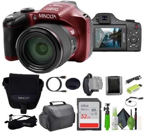 MINOLTA MN67Z 20 MP / 1080P FHD Bridge Digital Camera w/67x Optical Zoom (Red) Bundle with 32GB Memory Card + Camara Bag + Cleaning Kit + Vlogging Tripod + Accessories