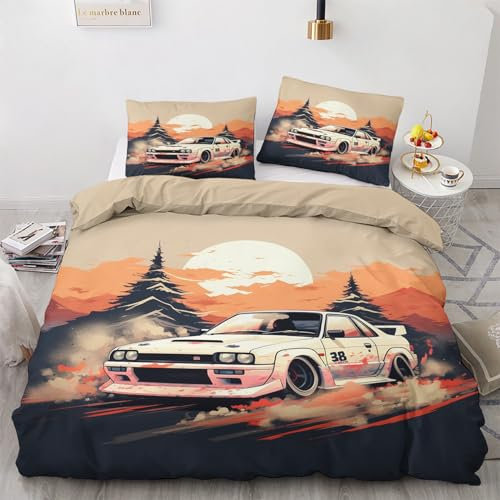 NIYAKA JDM Bettwäsche 140x200 - Japanische Sportwagen Bettbezug 2er Set mit 1 Kissenbezüg 80x80 cm, Weich & Warme & Angenehm Mikrofaser Bettwäsche-Sets mit Reißverschluss
