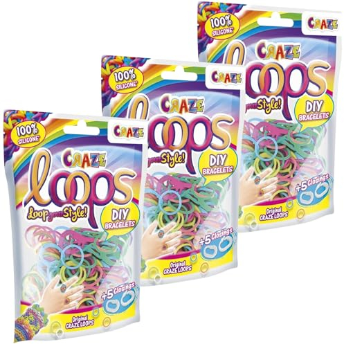 CRAZE loops 3 x je 100 Loom Bänder & 5 Verschlüsse Kinderschmuck Bastelset