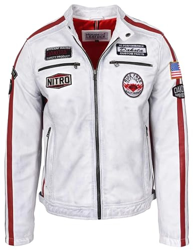 Blouson en cuir véritable pour homme style motard sport automobile course badges style Bobby, blanc vintage, L