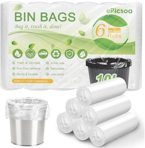 10L Small Bin Bags, 120 Counts Bin Liners Small Pedal Bin Bags Mini Pedal Bin Bags Pedal Bin Liners Mini Garbage Bags for Car, Office, Bathroom, Bedroom (White, 10L)