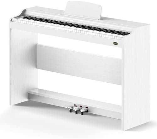 Rosen P35 Beginner 88 Key Digital Piano Full Size Weighted Keyboard with Furniture Stand, White Portable Electric Piano, 3-Pedal Unit
