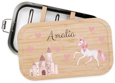 Bärenfreunde® - Personalisierte Brotdose für Kinder mit Spezial-Druck - Robuste Edelstahl Brotdose - Personalisierte Geschenke für Kinder & Erwachsene (Einhorn Schloss,klein Weißblech)