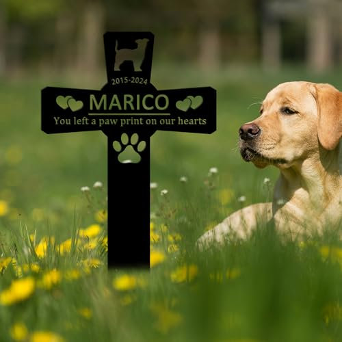 Letrero personalizado para tumba de raza de perro, estaca de cruz de metal conmemorativa personalizada para perro, marcador de tumba simpático con nombre grabado, placa de tumba para mascotas al aire