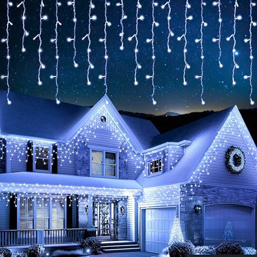 EcoNour Icicle Lights Outdoor Christmas Lights 1500 LED 47M Cool White Decorations String Fairy Lights with Timer for Xmas Garden & Party | Mains Powered Clear Cable