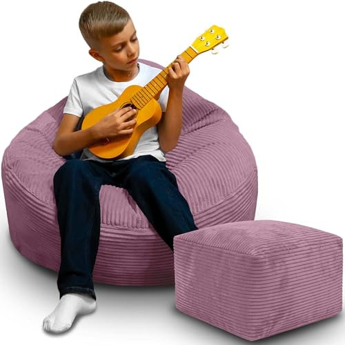 DreamRoots Sitzsack Erwachsene Cord oder Kinder - Bean Bag Sofa - Sitzsack Cord mit Hocker und Bezug - Sitzsäcke mit Füllung 70x70x70 cm Plum Smoothie