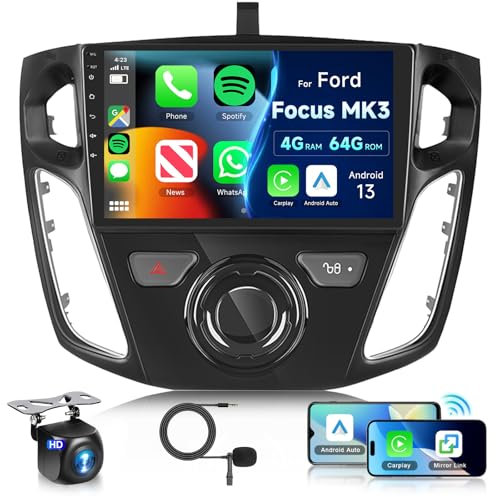 8 Core 4G+64G Android Autoradio für FORD FOCUS MK3 2011-2019 mit Wireless Carplay Android Auto, Hodozzy 9 Zoll Touchscreen Autoradio mit GPS Navigation, Bluetooth DSP, WiFi, FM RDS, Kamera