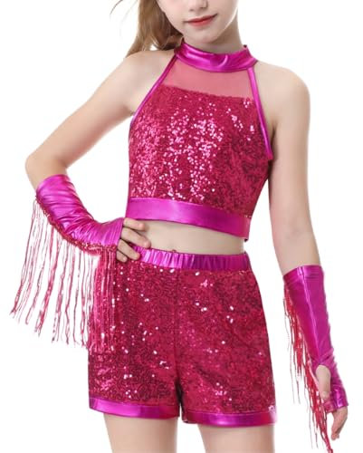 LOLANTA Mädchen Tanzparty Outfits, Glitzernde Pailletten Jazz Kostüm für Kinder, Mädchen Hip Hop Street Dance Outfuit, Ärmelloses Tank Top und Shorts Set(Rosa, 10-11 Jahre, 150)