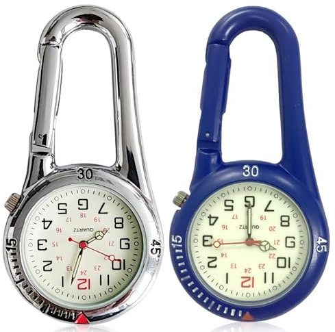 GAOUTO 2 Stück Karabineruhr, Taschenuhr Mit Karabiner Befestigung, wasserdichte Karabineruhren, Schwesternuhr, Leuchtendes Analog Quarz Uhr, Karabineruhr für Radfahrer Kletterer Rucksack, Silber+Blau