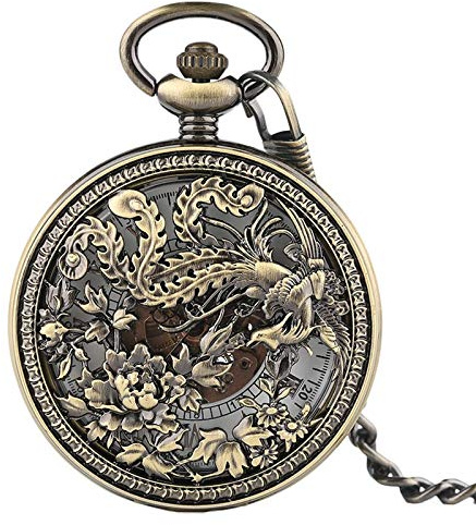 KWMAEEUID Vintage Exquisite Carving Phoenix Automatische Mechanische Taschenuhr Kette Frauen Uhren Mode Retro Kupfer Hohl Uhr