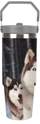 BFGWK 30oz Large Capacity Car Cup Double Walled Vacuum Insulated Stainless Steel Huskies Printing Travel Mug with Straw, Leak Proof Lid