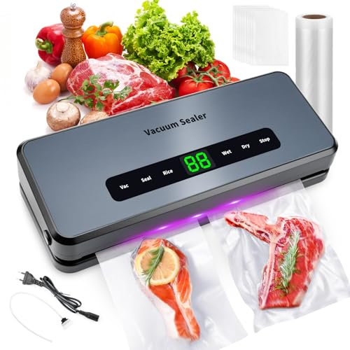 8 in 1 Vacuum Sealer Machine, 65 Kpa 30mm Longer Seal Food Sealer with 30Pcs Vacuum Sealer Bags for Vac/Seal/Rice/Wet Dry Mode, Built-in Cutter, Roll Bag Storage, LED Display (Gray)