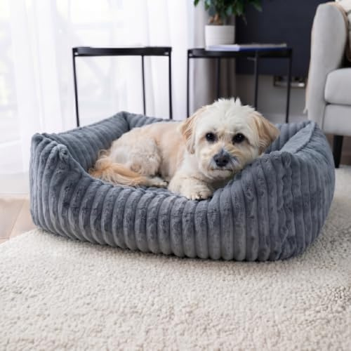 4L Textil BELLA Plüsch Hundebett kleine Hunde Katzen Hundekorb Katzenbett | 60x40 cm | Grau | Komplett waschbar | Kuschelig weicher Plüsch | Breite Rippenstruktur | Silikonfaserfüllung