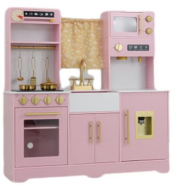 GOPLUS Juego de Cocina de Juguete, Cocina Juguete para Niños con Cafetera, Horno, Fregadero, Cortina, Microondas, Sonidos y Luces Reales, Cocinitas de Juguetes para Niños de 3+ Años (Rosa)