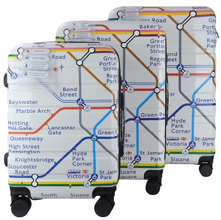 GWCC Lizenziertes London Underground, 3-teiliges Koffer-Set, 50,8 cm (Kabinengröße), 61,7 cm Rohrkartendruck, ABS + PC-Schale, TSA-Schlösser, 360 Rollschlösser, UG-Reißverschlusshalter, blaues Futter