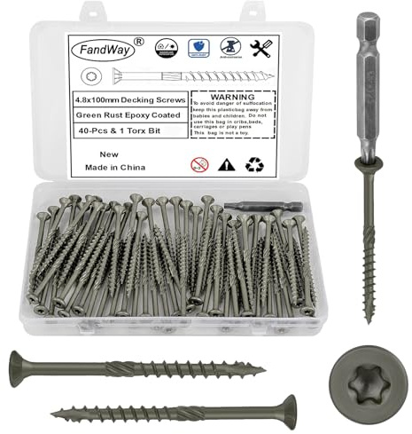 FandWay 4.8x100mm Deck Screws 40Pcs,Torx Drive Wood Screws, Flat/Countersunk Head Screw,Rust Resistant epoxy Coated, Green, T25 Star Bit.