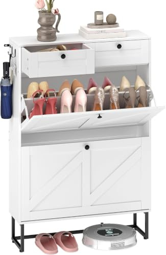 Quikraen Shoe Cabinet with 2 Flip Drawers and Adjustable Shelves,White | Shoe Storage Cabinet with 2 pull-out drawers,Slim Shoe Cabinet with hooks,for Hallway Enterway and Living Room