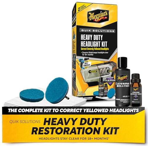 Meguiar's Heavy Duty Headlight Kit,This Headlight Restoration Kit Includes Headlight Cleaner, Ceramic Protection, Drill Backing Plate, Pads, & Towelettes, 18 Plus Months of Protection, Car Care Kit
