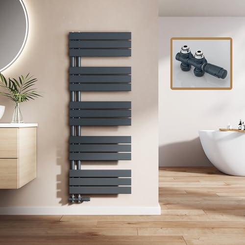 EMKE Badheizkörper mit Multiblock 1320x500 mm, Flach Handtuchheizkörper mit Seitenanschluss, Effizienter Handtuchwärmer Handtuchtrockner Heizkörper für Bad, Anthrazit, 695W