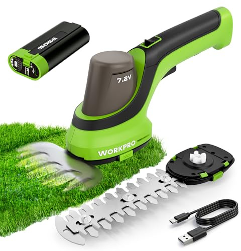 WORKPRO 2-en-1 Cisaille à Gazon et Taille-Haie sans Fil 7,2 V, Batterie Lithium 2000 mAh, 2 Lames Acier Précises, Largeur de Coupe 100 mm, Longueur 150 mm, pour Bordures de Gazon et Arbustes
