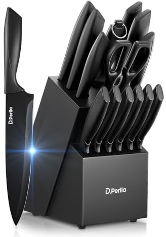 D.Perlla Knife Set for Kitchen with Steak Knives and Sharpener Rod 15 PCS | Stainless Steel Kitchen Utensils Set with Block, Nonstick Coating,Long-Lasting Sharpness, Dishwasher Safe,House Warming Gifts