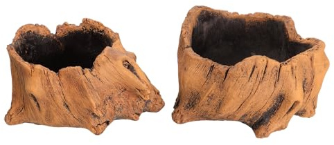 Zement Sukkulenten Blumentopf in Holzstumpf Optik Braun | Zement, Pflegeleicht und Leicht zu Bewegen, 2 Stück, für Draußen und Büro